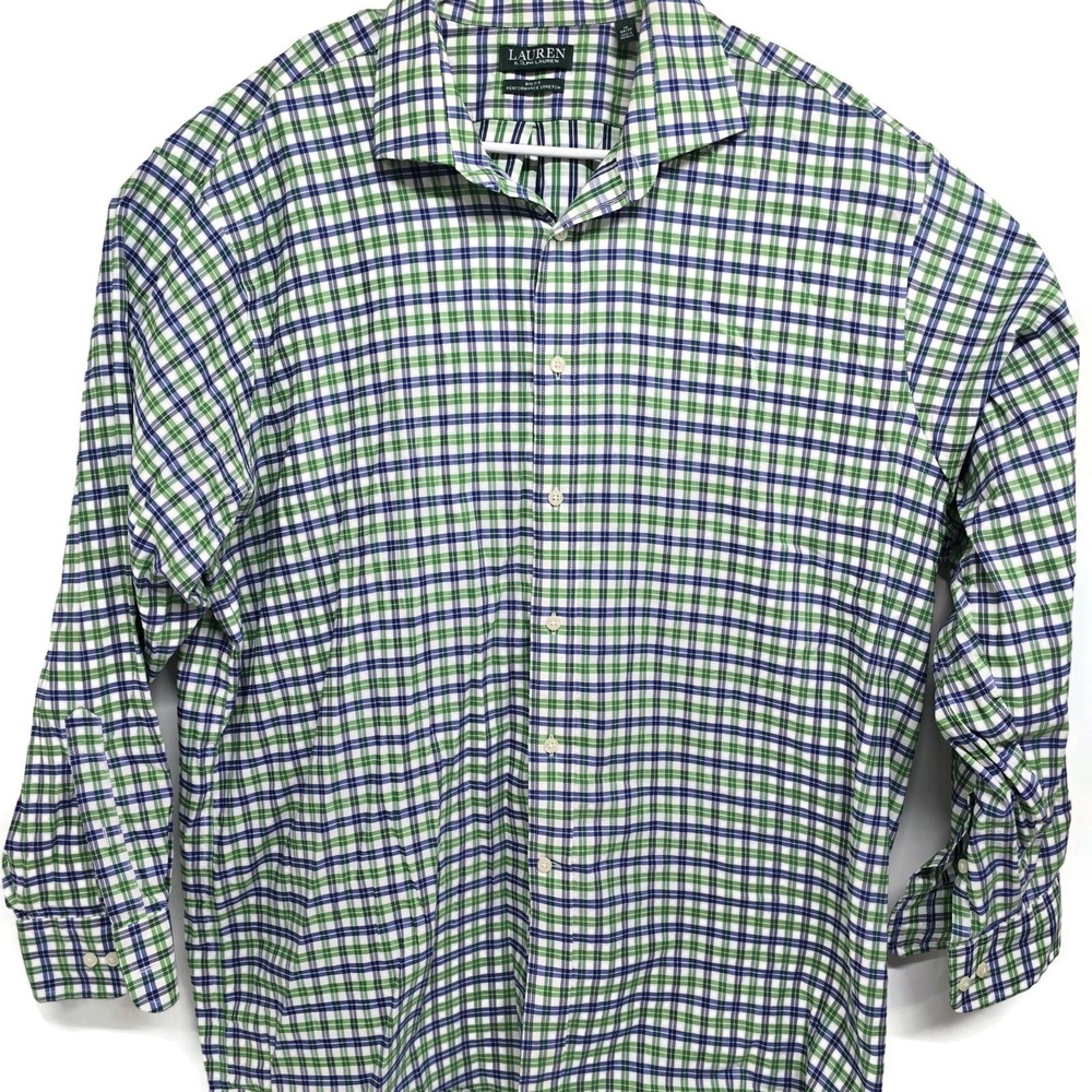 Lauren Ralph Lauren Mens Big Fit Performance Stretch Plaid Shirt Green Blue 18